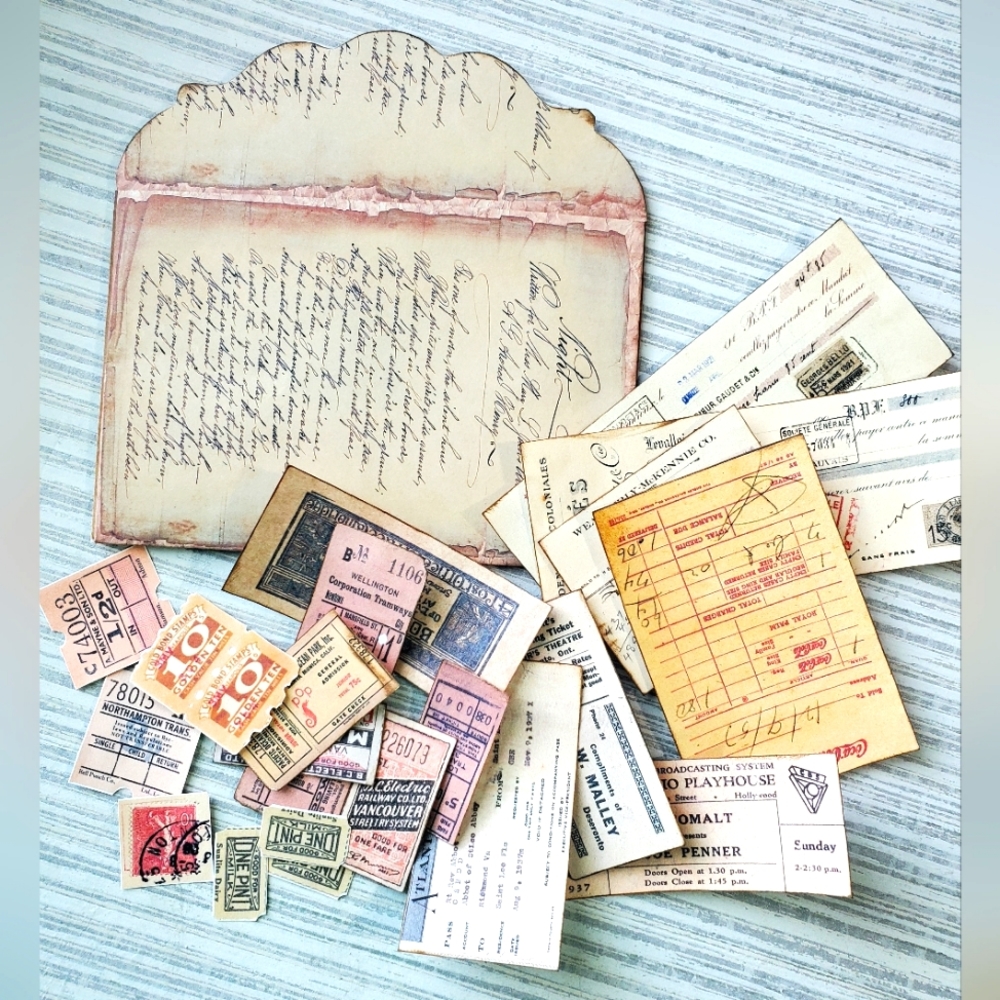 😀 HAND CRAFTED Faux vintage ephemera with envelope neutral colors